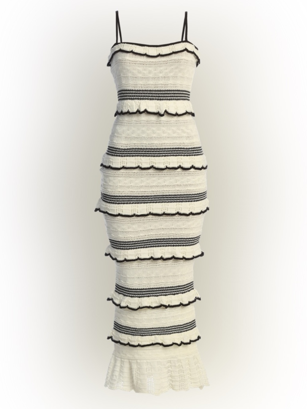 JLUXLABEL Ivory and Black Striped Ruffle-Tier Pencil Dress